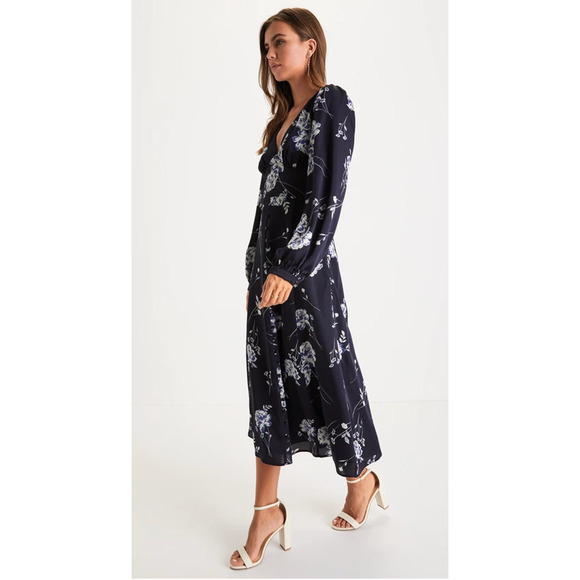Lulus Navy Blue Button Detail Floral Midi Dress Size: Xlarge - Picture 9 of 11